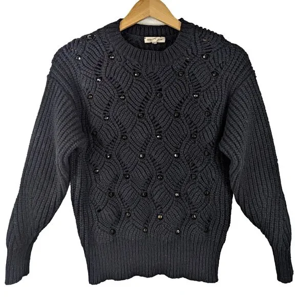 Rebecca Taylor Black Embellished Wool Blend Crewneck Sweater Pullover Beaded XS - Picture 2 of 8